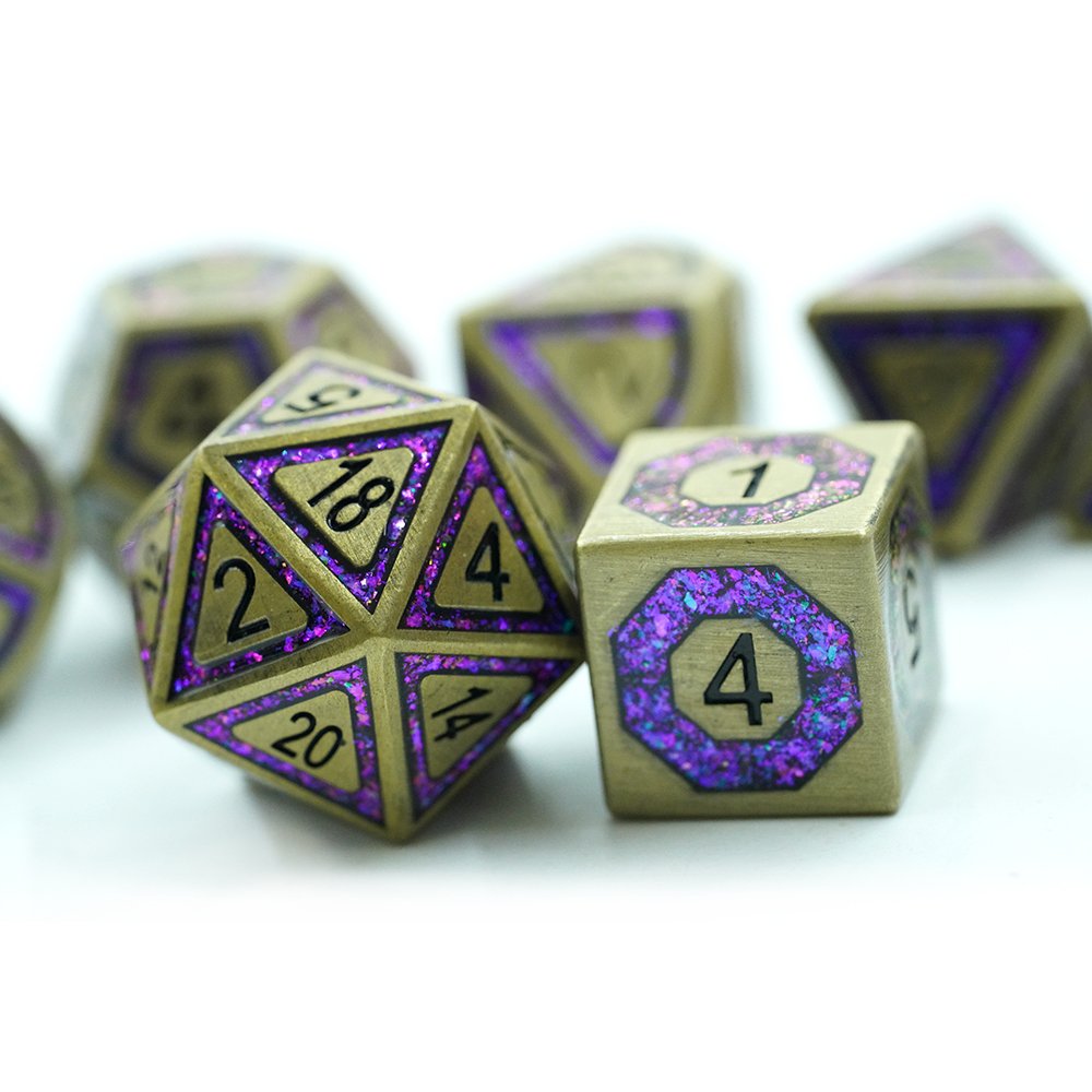 Polyhedral Custom Logo Rpg Dungeons And Dragons Soild Metal Dice Game Set Glitter Mica Stripe