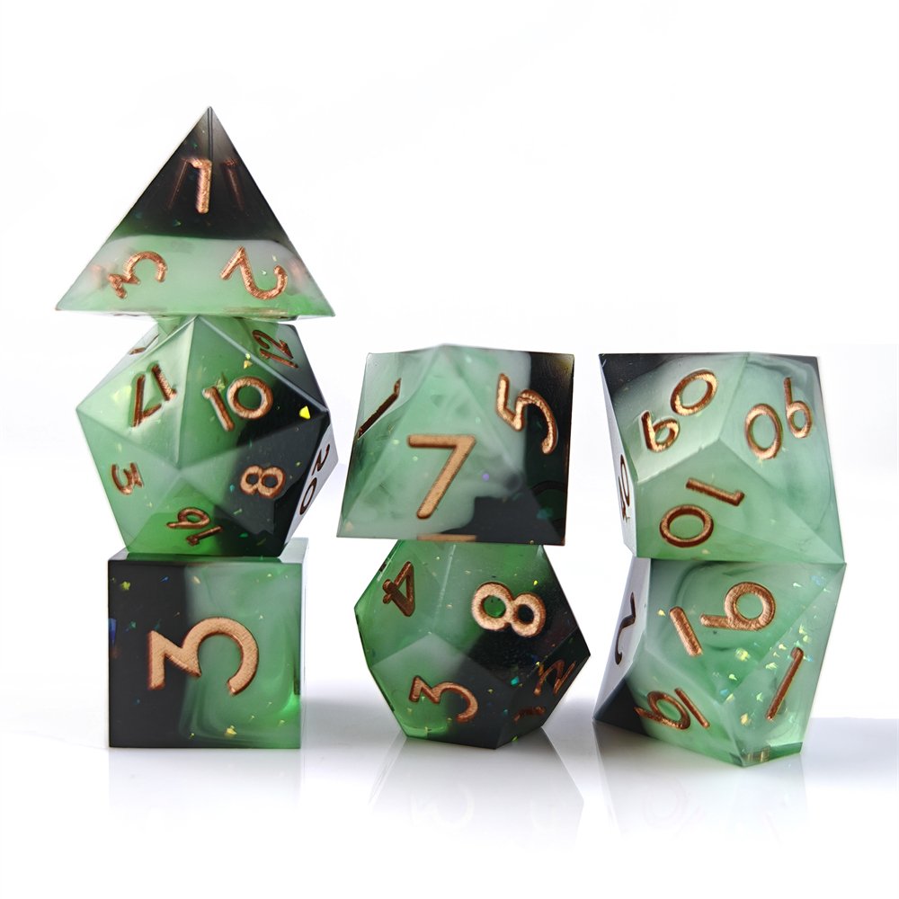 Polyhedral Resin Dice for RPG Dungeons and Dragons 7pcs New Black Green Sharp Edge Dice Set