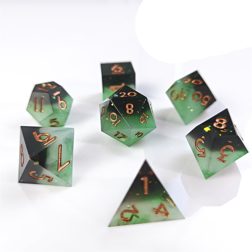 Polyhedral Resin Dice for RPG Dungeons and Dragons 7pcs New Black Green Sharp Edge Dice Set