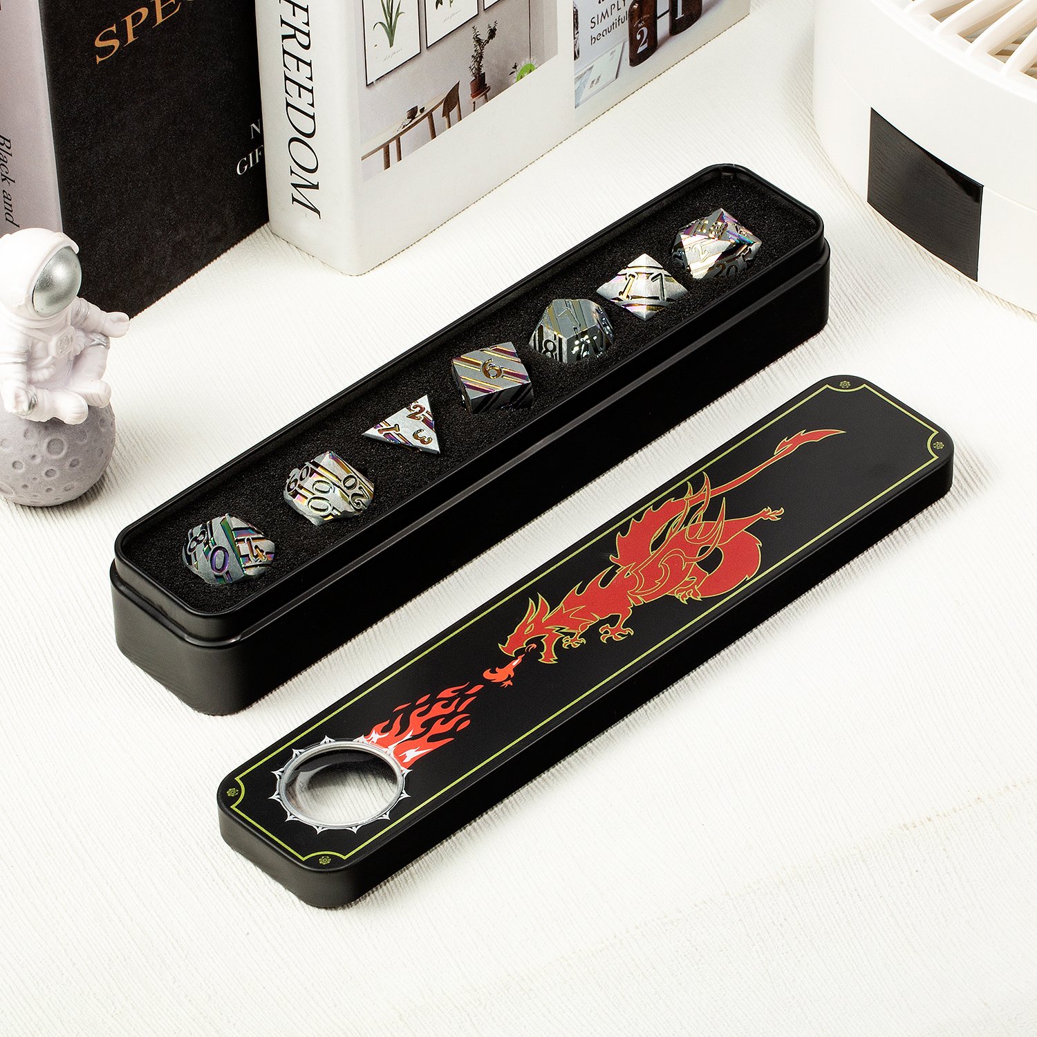 Factory Wholesale Rainbow Stripe DND Metal Dice Set,7 PCS Zinc Alloy D&D Dice Set for Dungeons and Dragons