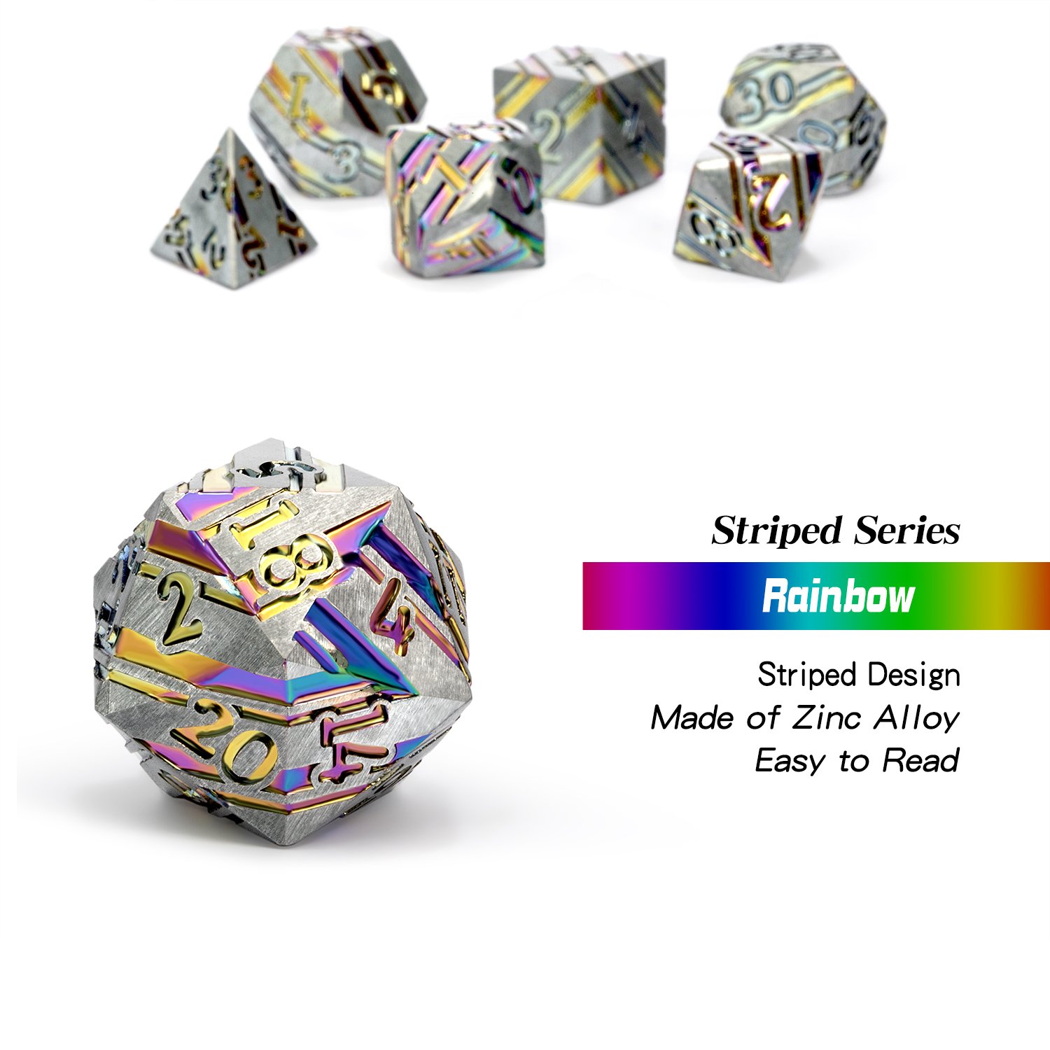 Factory Wholesale Rainbow Stripe DND Metal Dice Set,7 PCS Zinc Alloy D&D Dice Set for Dungeons and Dragons