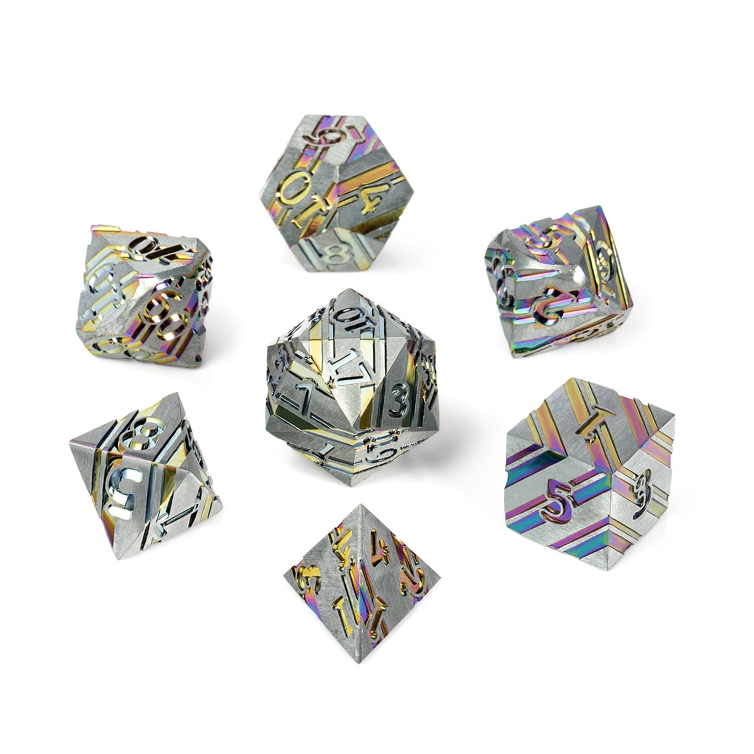 Factory Wholesale Rainbow Stripe DND Metal Dice Set,7 PCS Zinc Alloy D&D Dice Set for Dungeons and Dragons