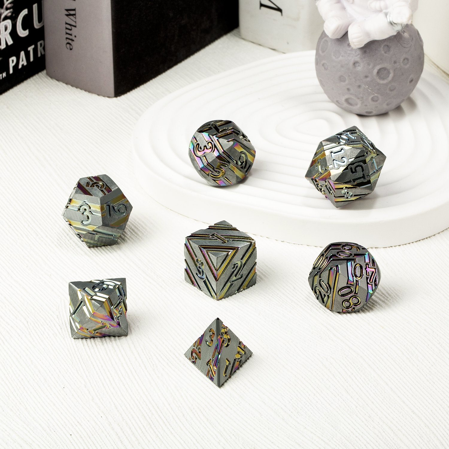Factory Wholesale Rainbow Stripe DND Metal Dice Set,7 PCS Zinc Alloy D&D Dice Set for Dungeons and Dragons