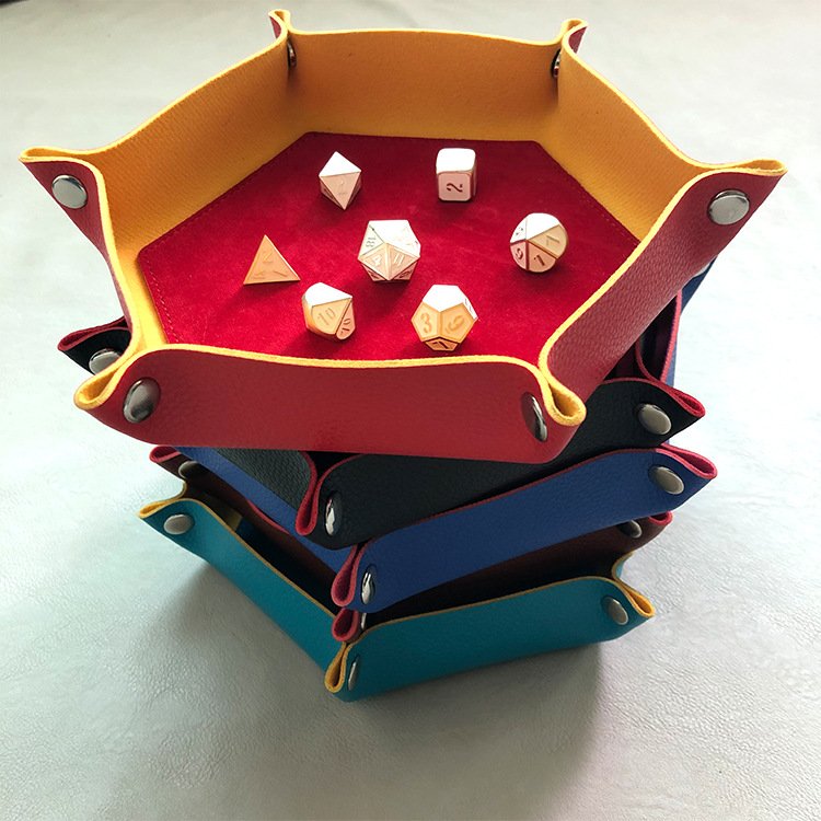 Two-Color Hexagonal Dice Tray 18*18*5cm PU Leather Dice Tray Folding Tray Logo Printing And Embossing Customization