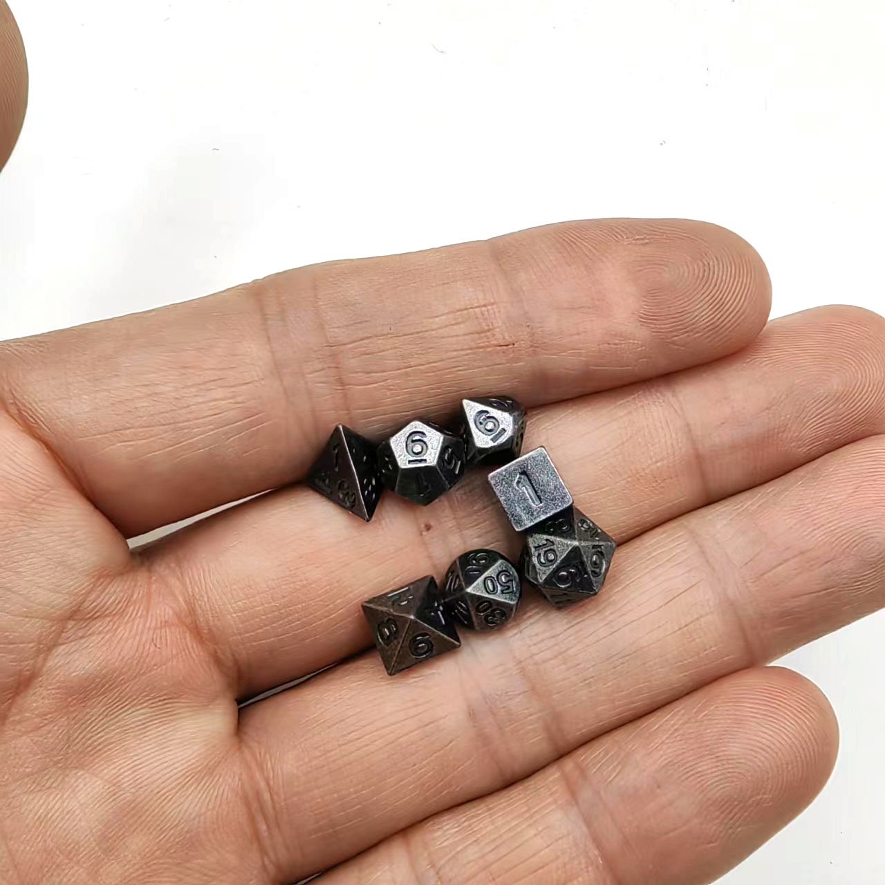 Mini Dice Rolled Nickel 7 Polyhedral Dice for Tabletop Role-Playing Games D20, D12, D10 (00 to 90) D10 (0 to 9), D8, D6 and D4