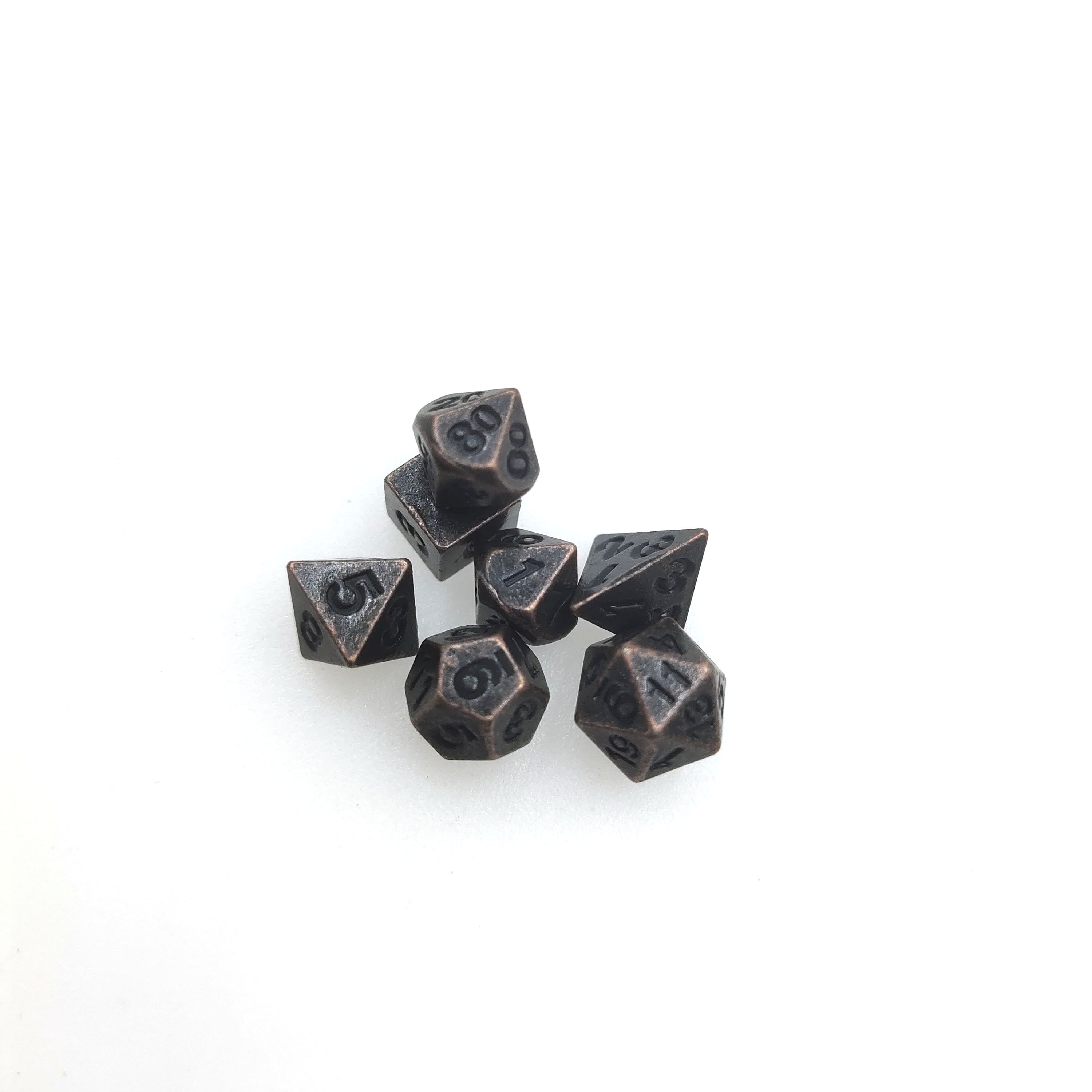 Mini Dice 7 Polyhedral Metal Cubes for Tabletop and Role-Playing Games D20, D12, D10 (00 to 90) D10 (0 to 9), D8, D6 and D4