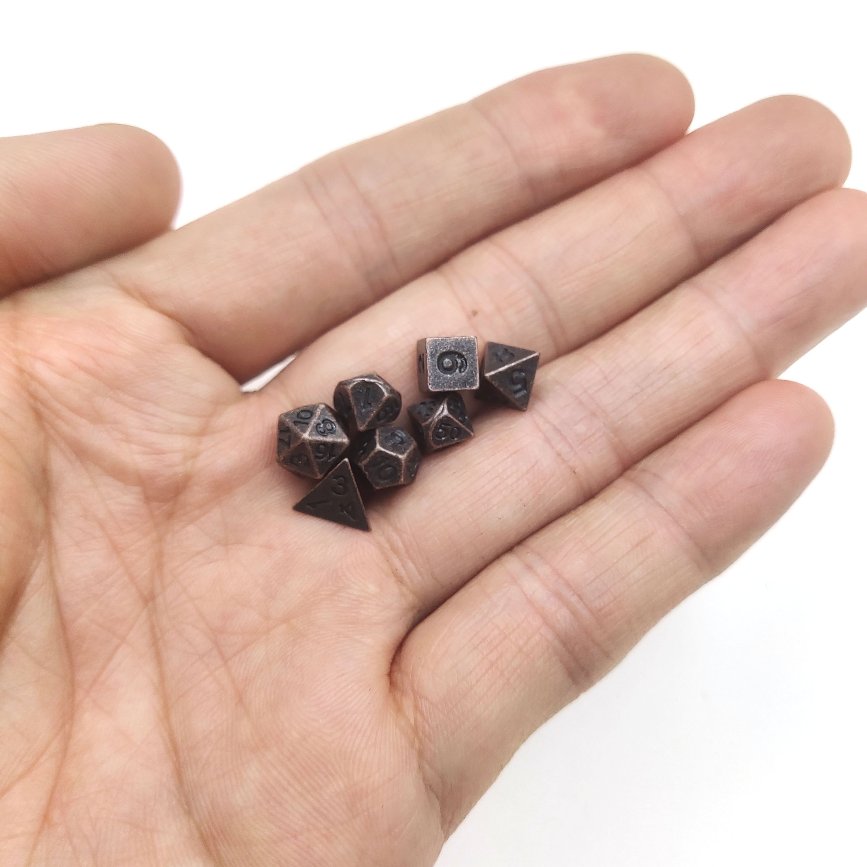 Mini Dice 7 Polyhedral Metal Cubes for Tabletop and Role-Playing Games D20, D12, D10 (00 to 90) D10 (0 to 9), D8, D6 and D4