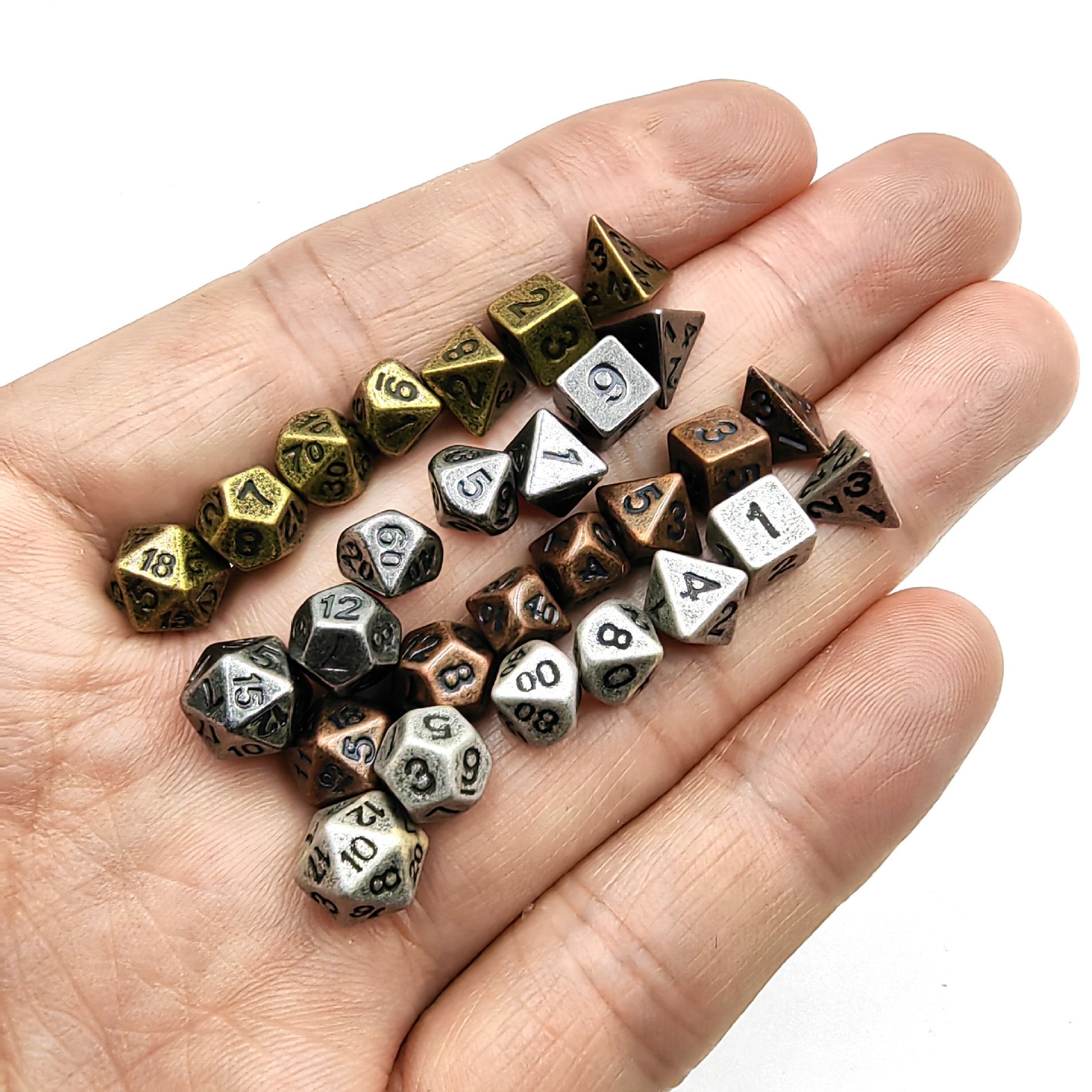 Mini Dice 7 Polyhedral Metal Cubes for Tabletop and Role-Playing Games D20, D12, D10 (00 to 90) D10 (0 to 9), D8, D6 and D4