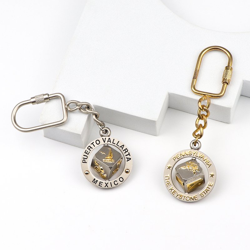 Customized Logo Embossed Souvenir Dice Shape Spinning Key Chain Metal Keychain
