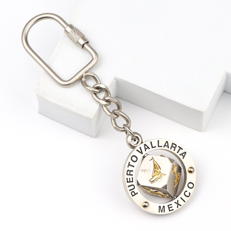 Customized Logo Embossed Souvenir Dice Shape Spinning Key Chain Metal Keychain