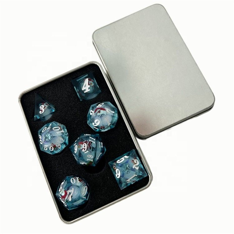 Brand New Polyhedarl Blue Quicksand Liquid Core resin Christmas DND Dice with Metal Box