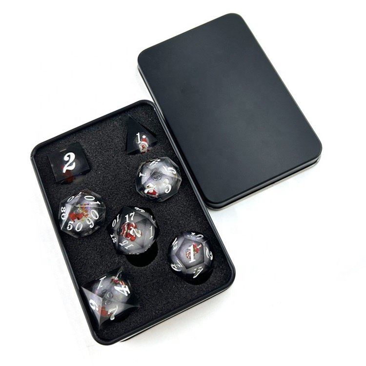 Brand New Polyhedarl Blue Quicksand Liquid Core resin Christmas DND Dice with Metal Box