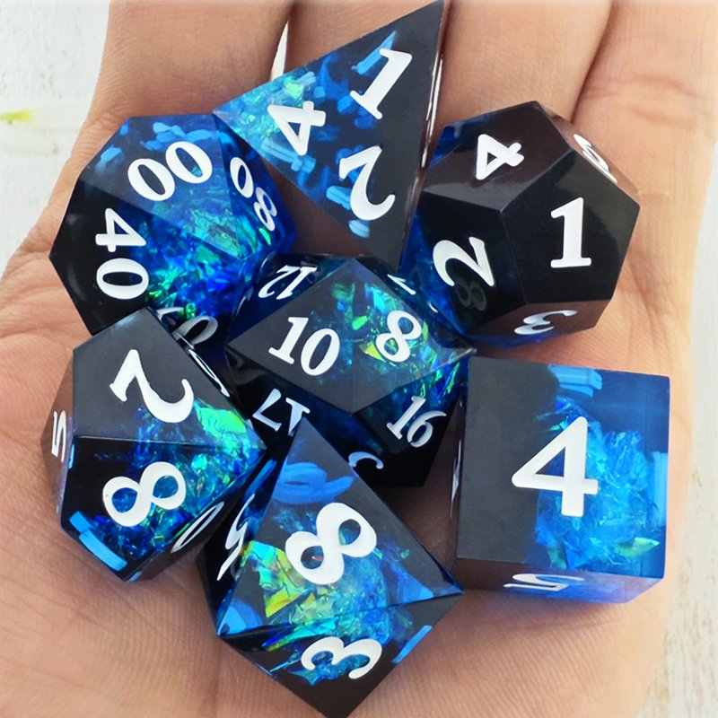 Custom Blue and Black Clear Resin Dice Set Tabletop Gaming Character Dice Accessories Clear Lucky Resin Dice Set
