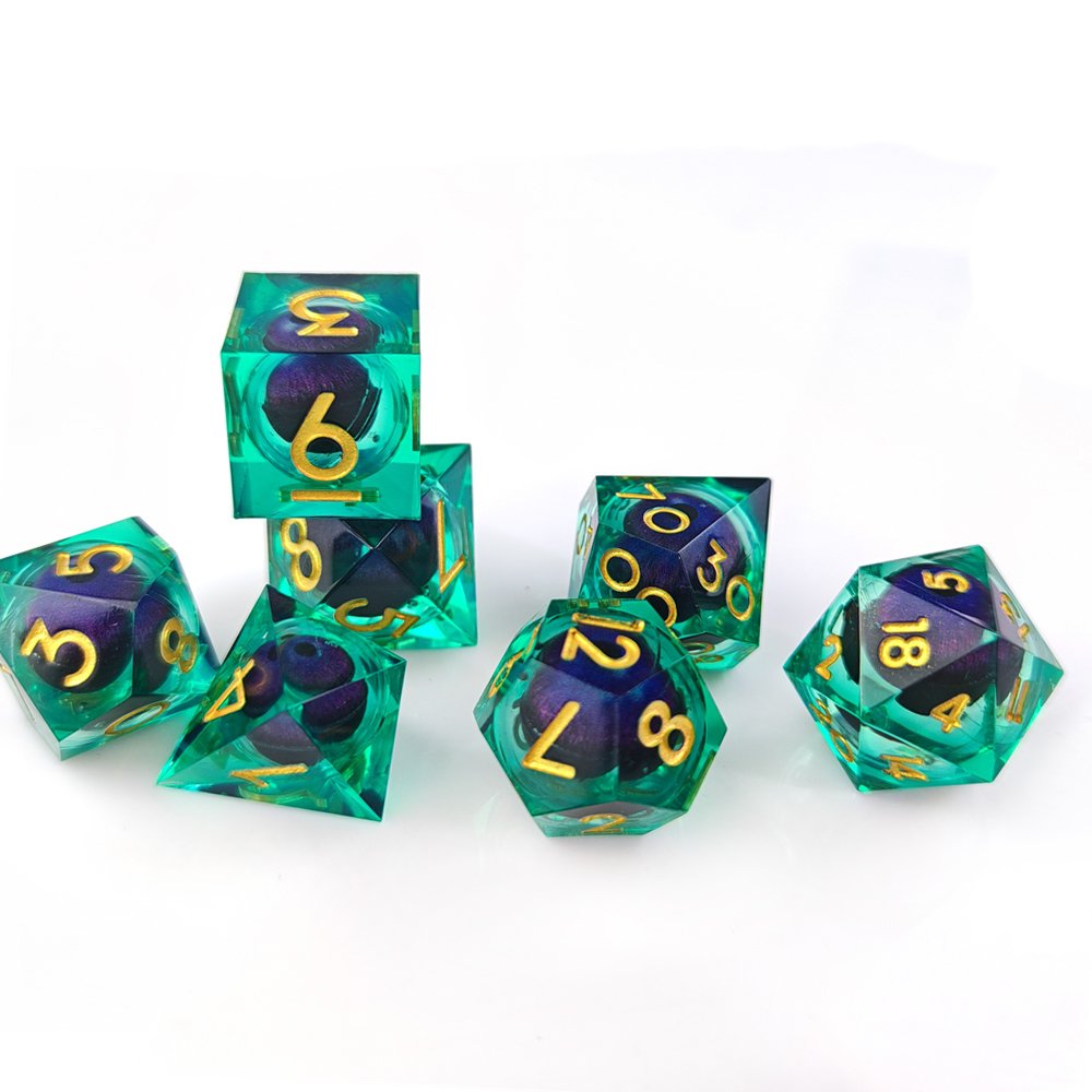 Hot Selling Custom Polyhedron RPG Sharp Edge Liquid Core Resin Dice with Movable Dragon Eye Inside DND Dice Set