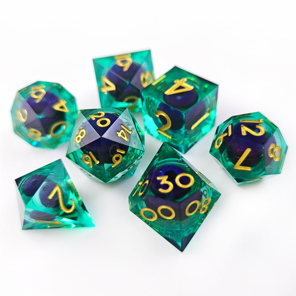 Hot Selling Custom Polyhedron RPG Sharp Edge Liquid Core Resin Dice with Movable Dragon Eye Inside DND Dice Set