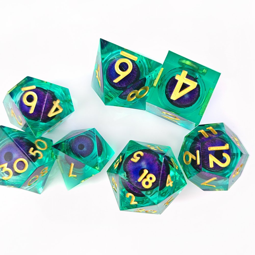 Hot Selling Custom Polyhedron RPG Sharp Edge Liquid Core Resin Dice with Movable Dragon Eye Inside DND Dice Set