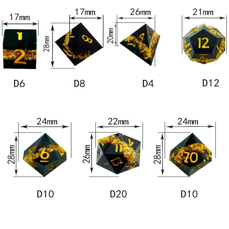 JMS Black Gold Double Layered Sharp Edge Dice Resin DND Dice Set for RPG Gamer
