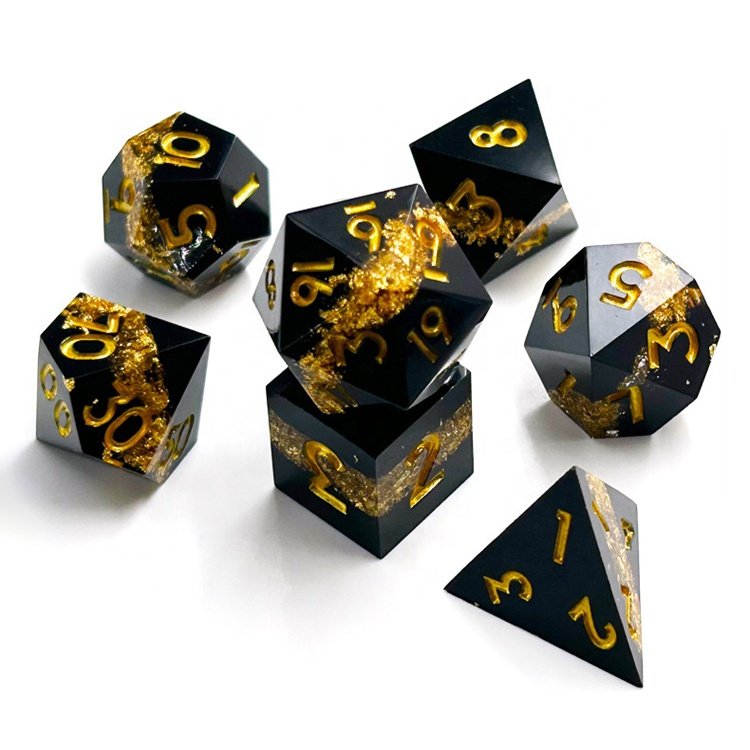 JMS Black Gold Double Layered Sharp Edge Dice Resin DND Dice Set for RPG Gamer