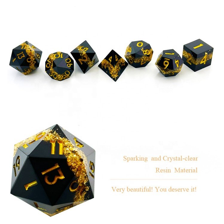 JMS Black Gold Double Layered Sharp Edge Dice Resin DND Dice Set for RPG Gamer