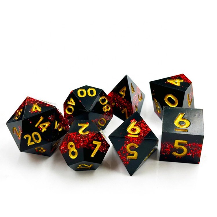 JMS Black Gold Double Layered Sharp Edge Dice Resin DND Dice Set for RPG Gamer
