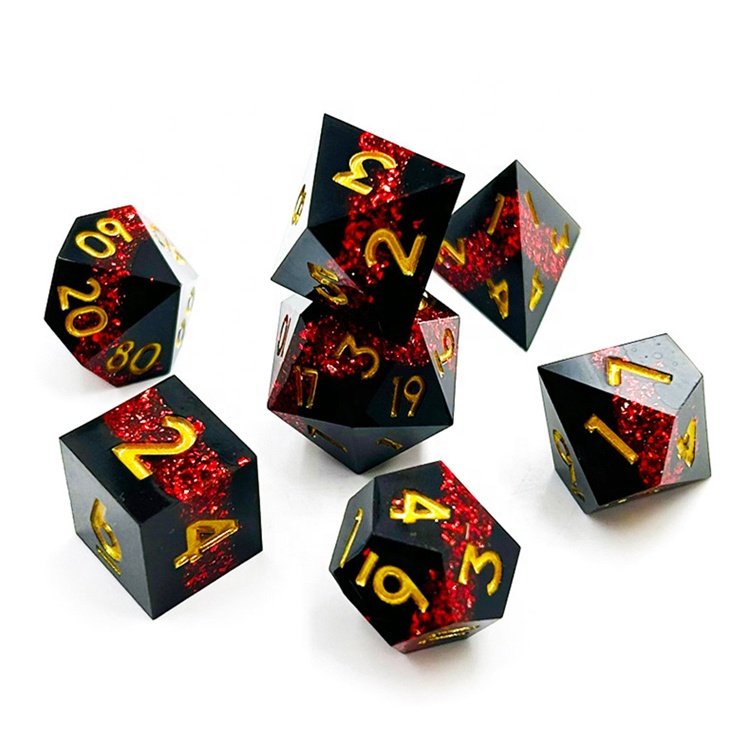 JMS Black Gold Double Layered Sharp Edge Dice Resin DND Dice Set for RPG Gamer