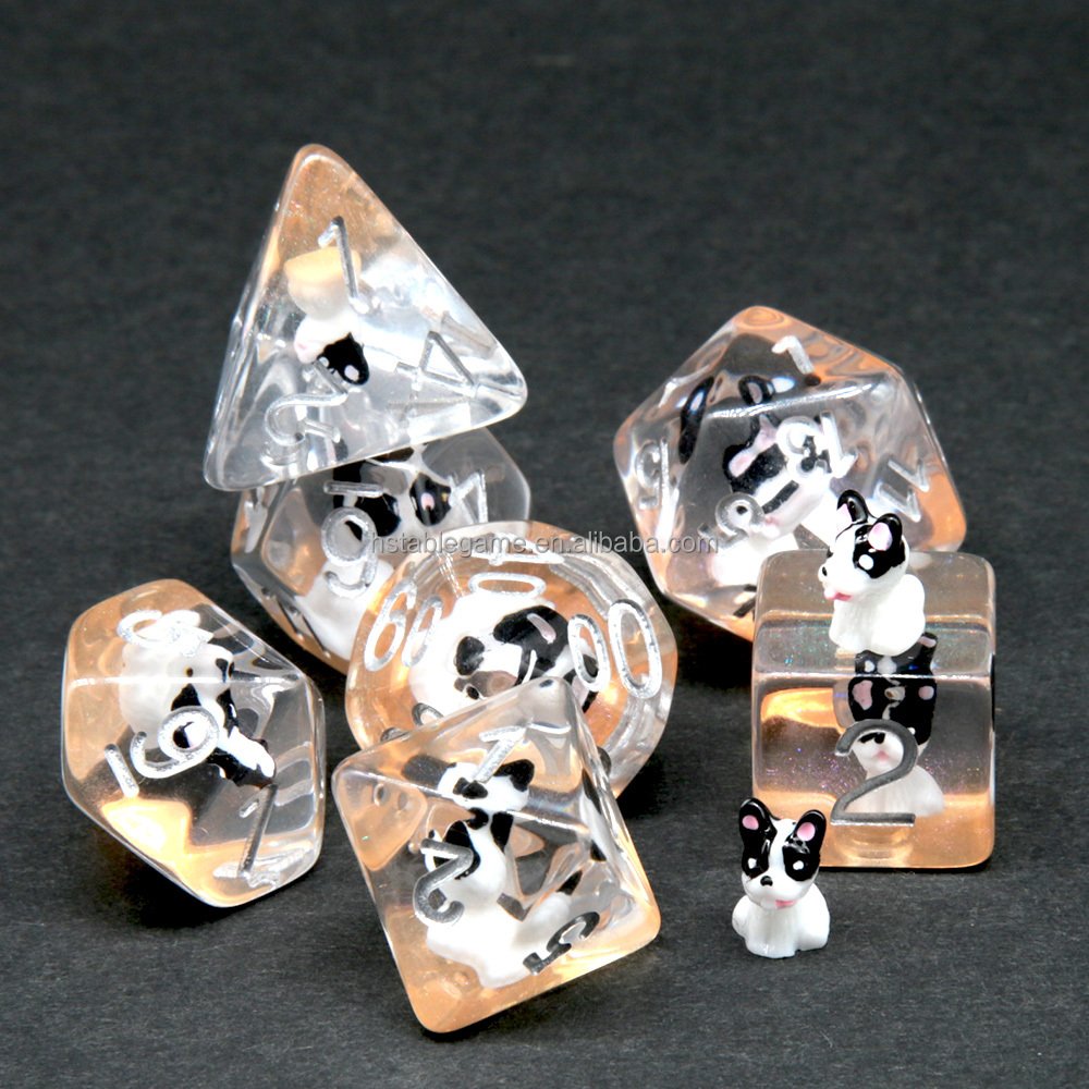 HS DICE Transparent resin with cute dog Polyhedral DND Dice Set custom made for dnd rpg games