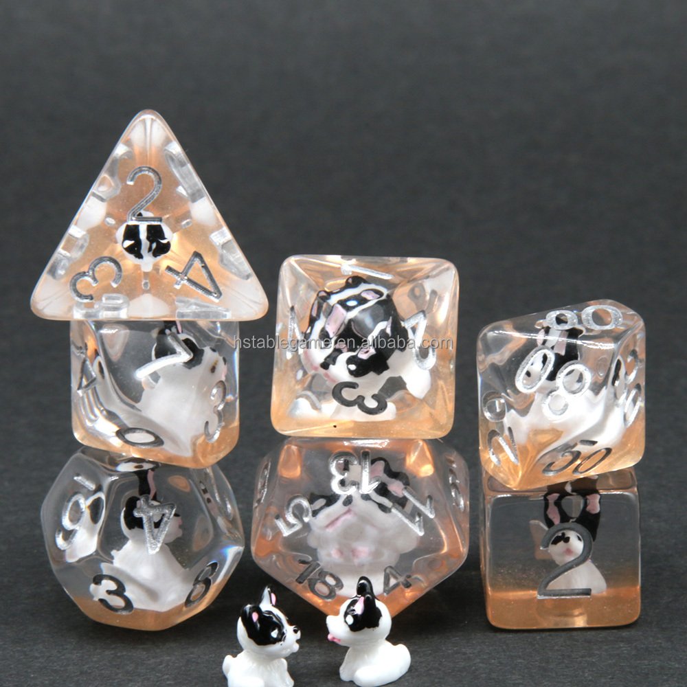 HS DICE Transparent resin with cute dog Polyhedral DND Dice Set custom made for dnd rpg games