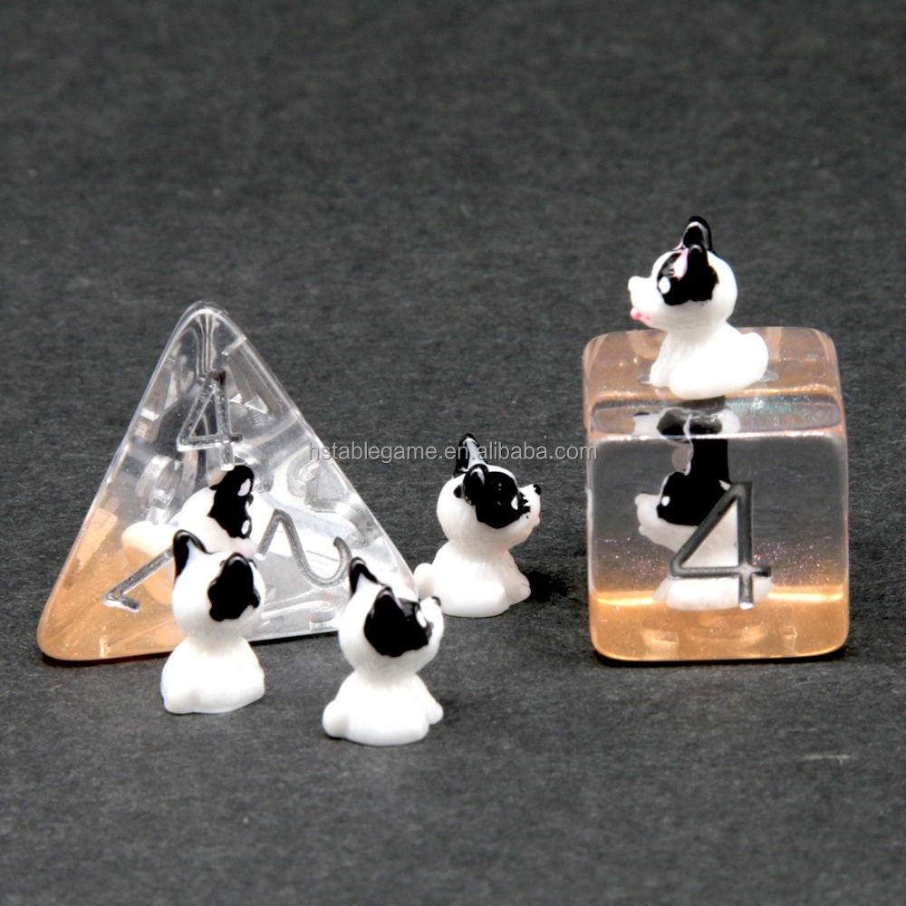 HS DICE Transparent resin with cute dog Polyhedral DND Dice Set custom made for dnd rpg games