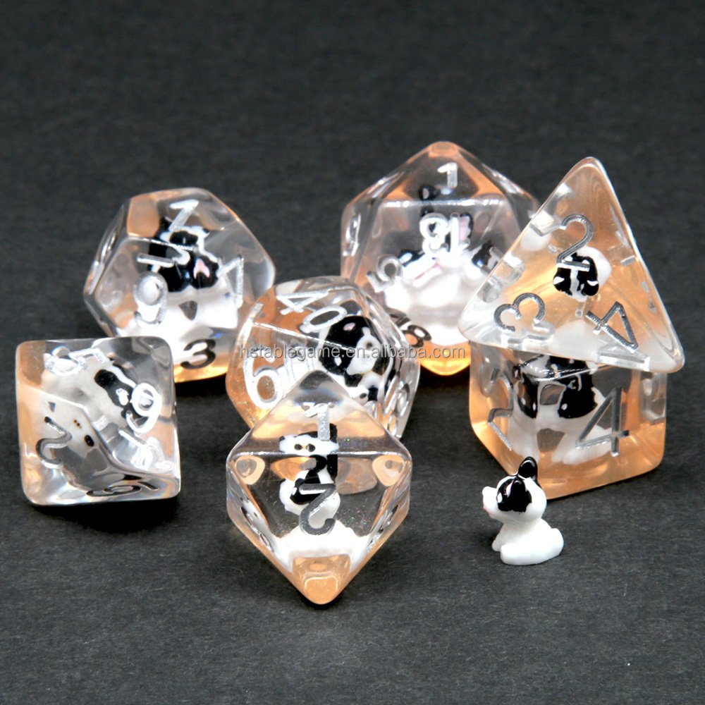 HS DICE Transparent resin with cute dog Polyhedral DND Dice Set custom made for dnd rpg games