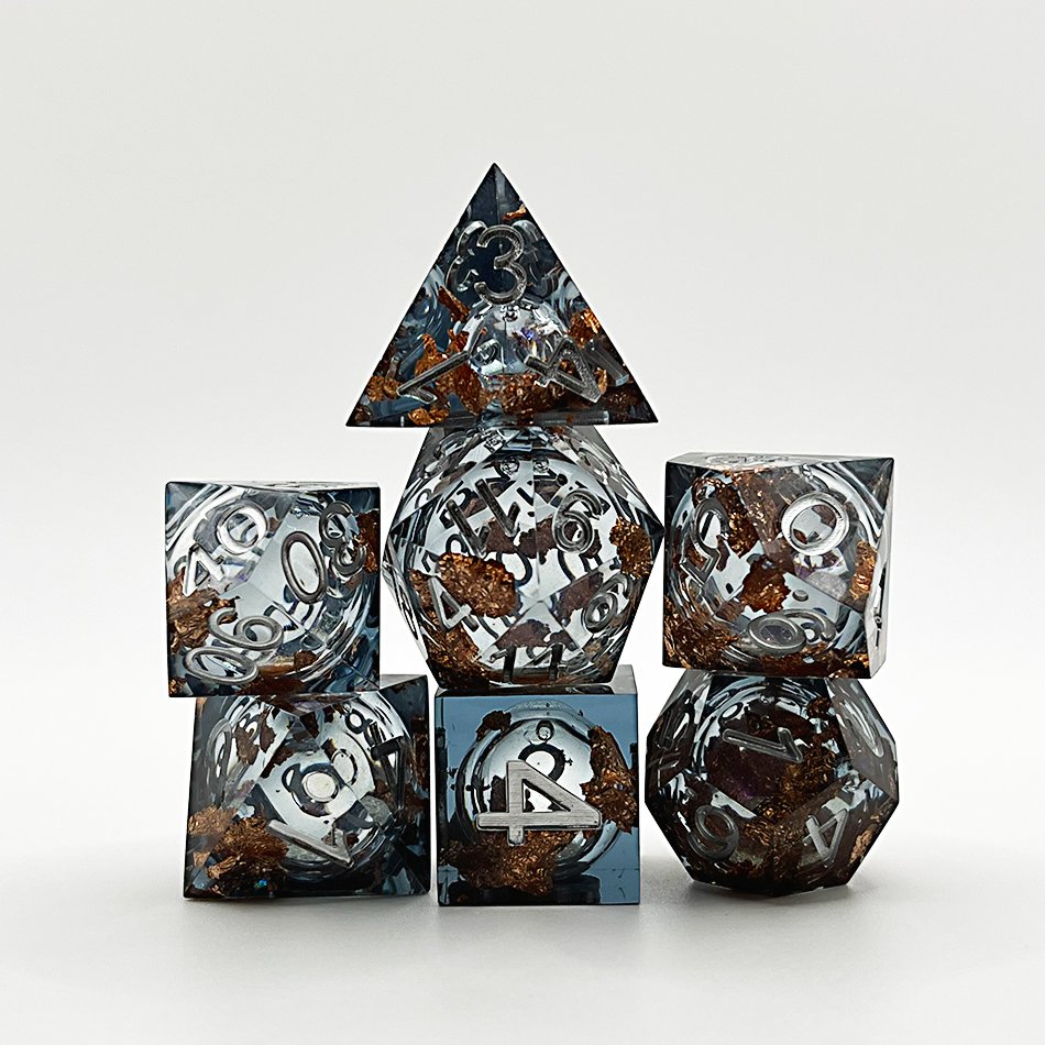 Full set Handmade black Resin liquid core Sharp Edge Dice Polyhedral Dice Set - Dungeons & Dragons Lake Gold Treasure