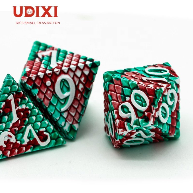 Udixi Polyhedral RPG Metal dungeons and dragons custom logo Dice Set Dragon Scale Red&Green