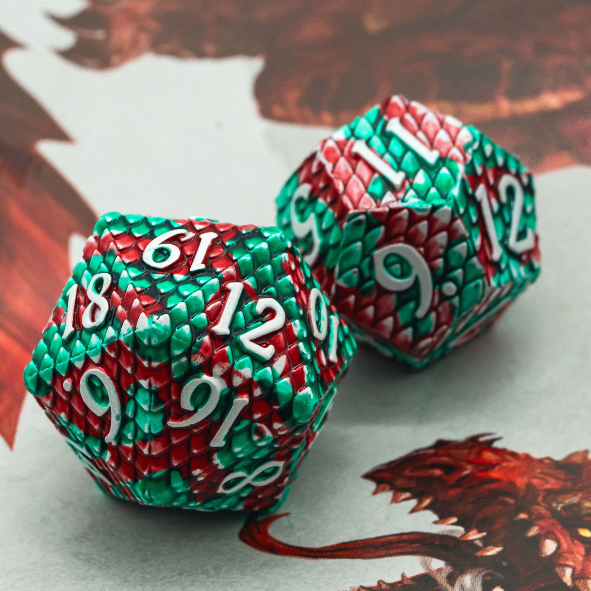 Udixi Polyhedral RPG Metal dungeons and dragons custom logo Dice Set Dragon Scale Red&Green