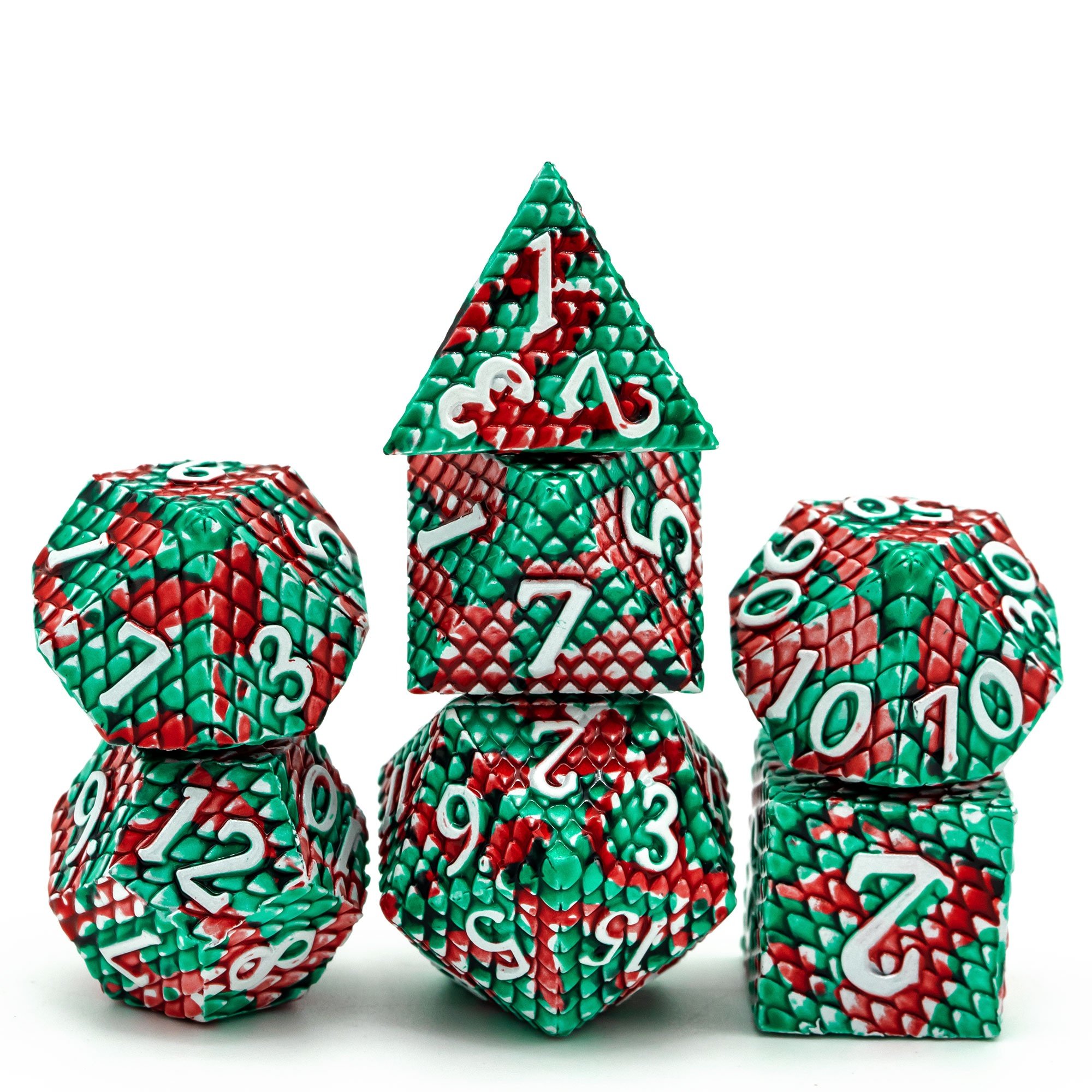 Udixi Polyhedral RPG Metal dungeons and dragons custom logo Dice Set Dragon Scale Red&Green