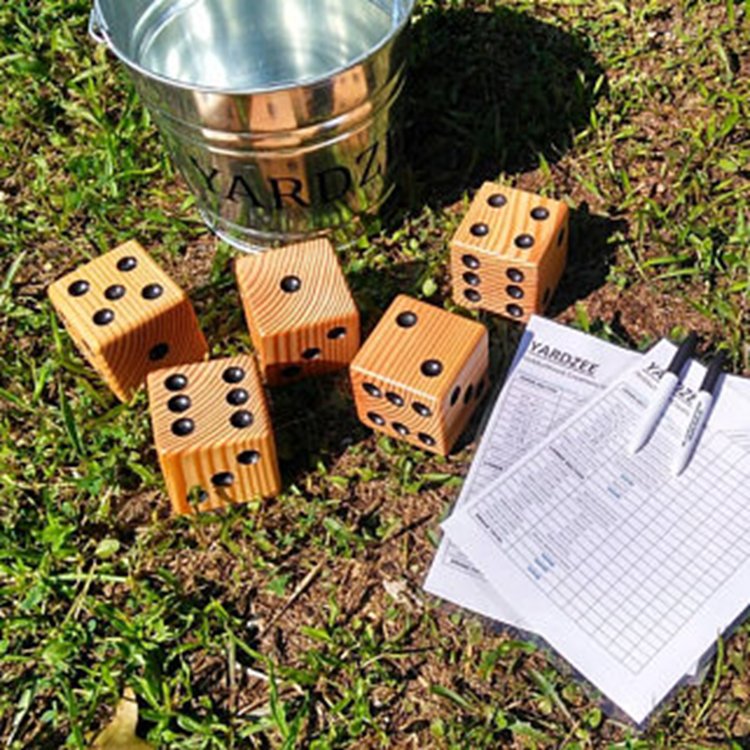 PERFECT Giant Wooden Yard Dice Of 3.5 inches Stained Finish and Drilled Color Dots With Bucket