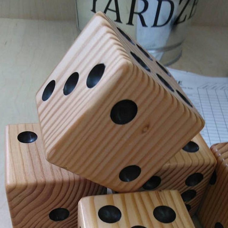 PERFECT Giant Wooden Yard Dice Of 3.5 inches Stained Finish and Drilled Color Dots With Bucket