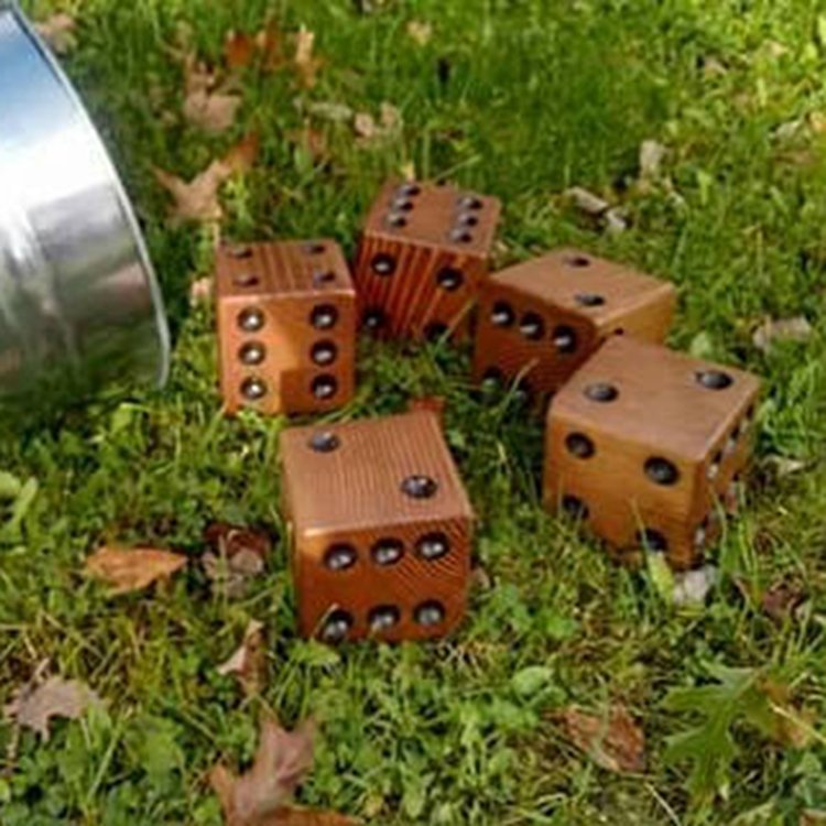 PERFECT Giant Wooden Yard Dice Of 3.5 inches Stained Finish and Drilled Color Dots With Bucket