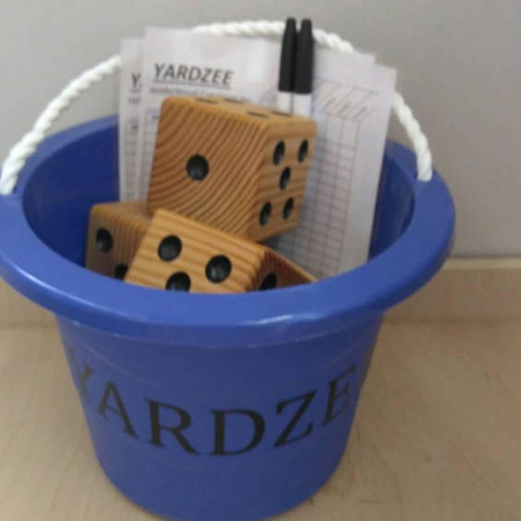 PERFECT Giant Wooden Yard Dice Of 3.5 inches Stained Finish and Drilled Color Dots With Bucket