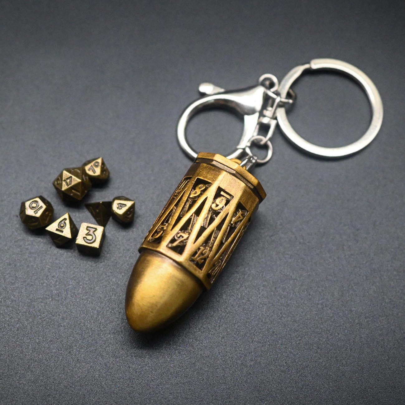 Unique Shape DND Hollow D20 Dice Box Metal Custom Bullet Keychain with Mini Dice Set