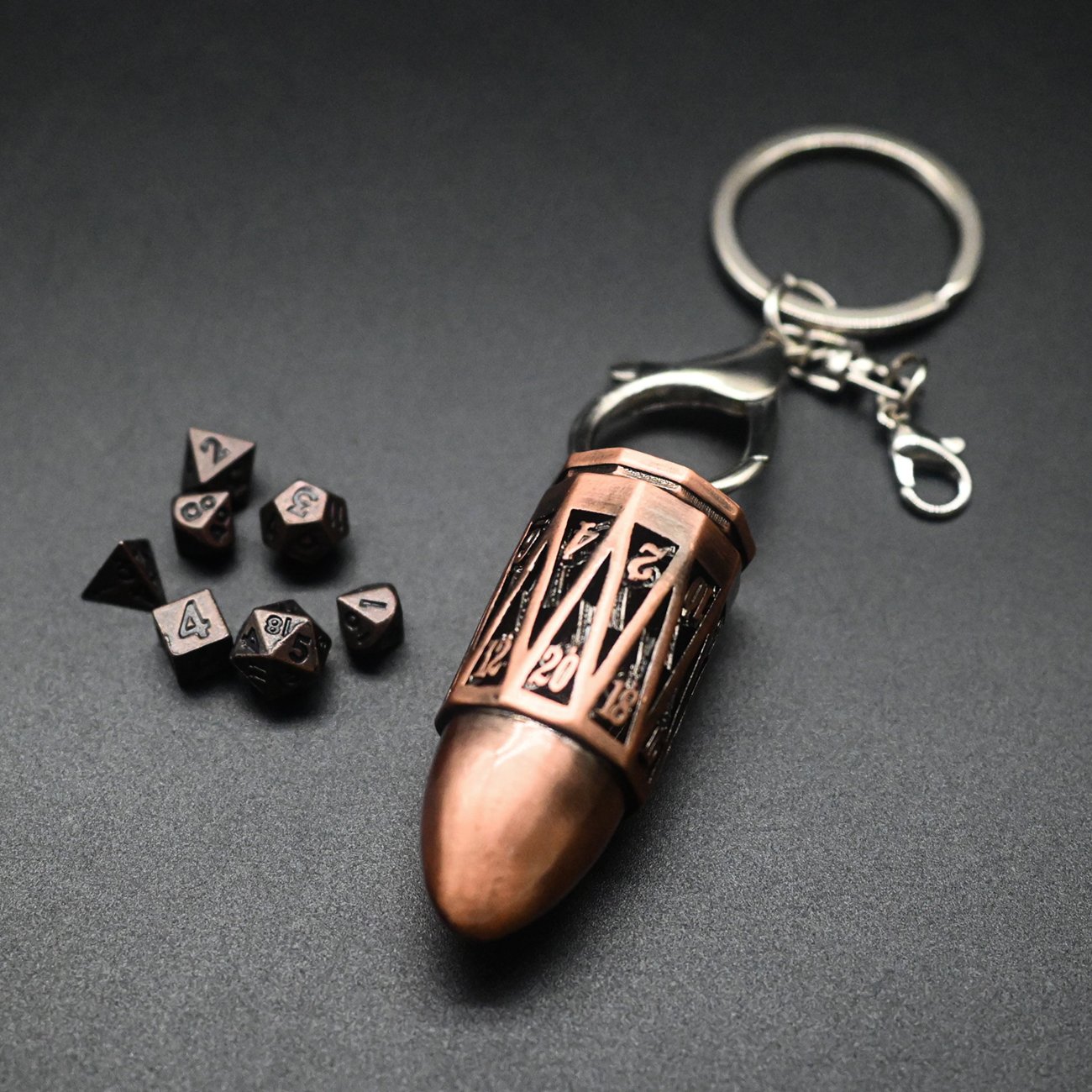Unique Shape DND Hollow D20 Dice Box Metal Custom Bullet Keychain with Mini Dice Set