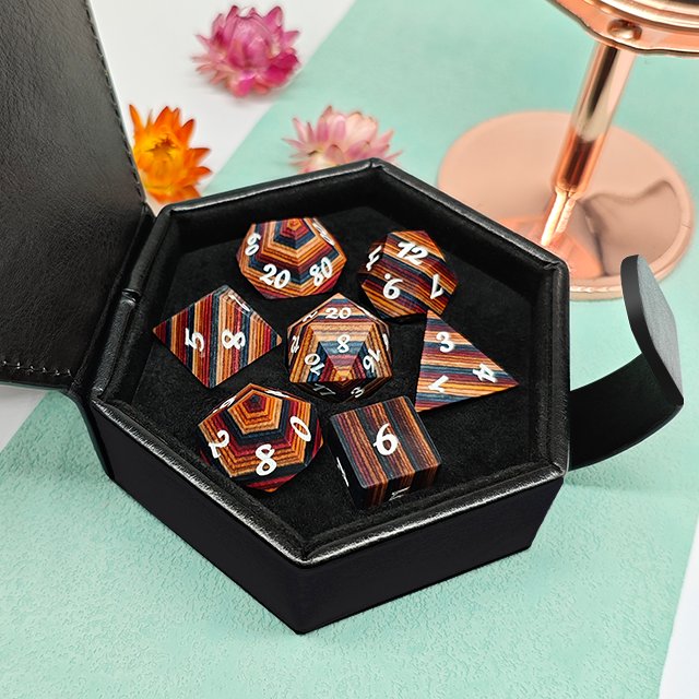 Rainbow Wooden Polyhedral Dnd Rpg Dice Set For Dungeons And Dragons
