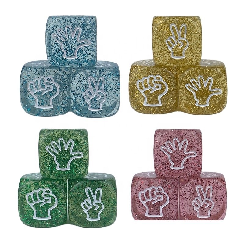 Glistening 20mm 6 sides acrylic PMMA transparent flash powder colors stone rock paper scissors finger guessing game dice cube