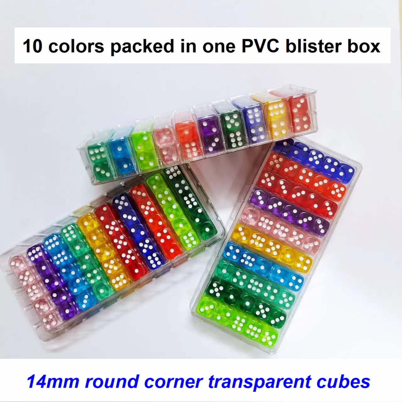 14mm 6 sided transparent colors round corner plastic playing acrylic game dices cubes wholesale dice casino dice 100pcs per box