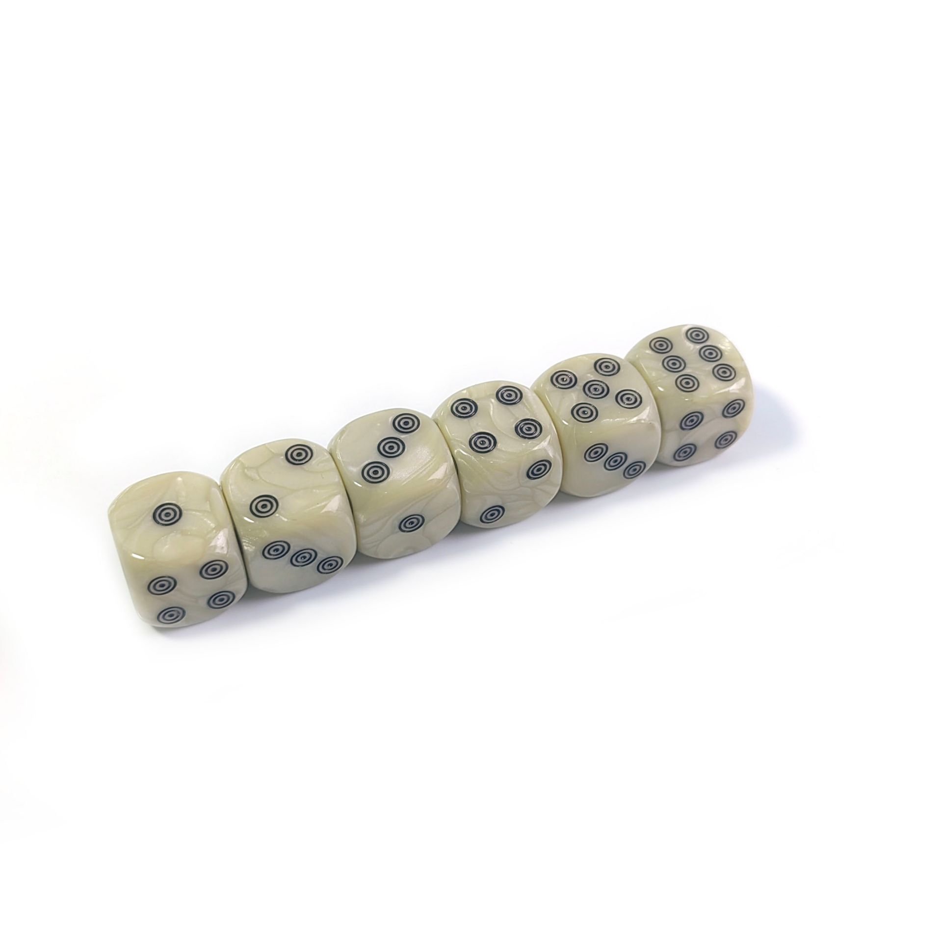 New Style acrylic rounded corners Ivory White custom 16mm D6 bone dice Board Game with black ring circle loop dots