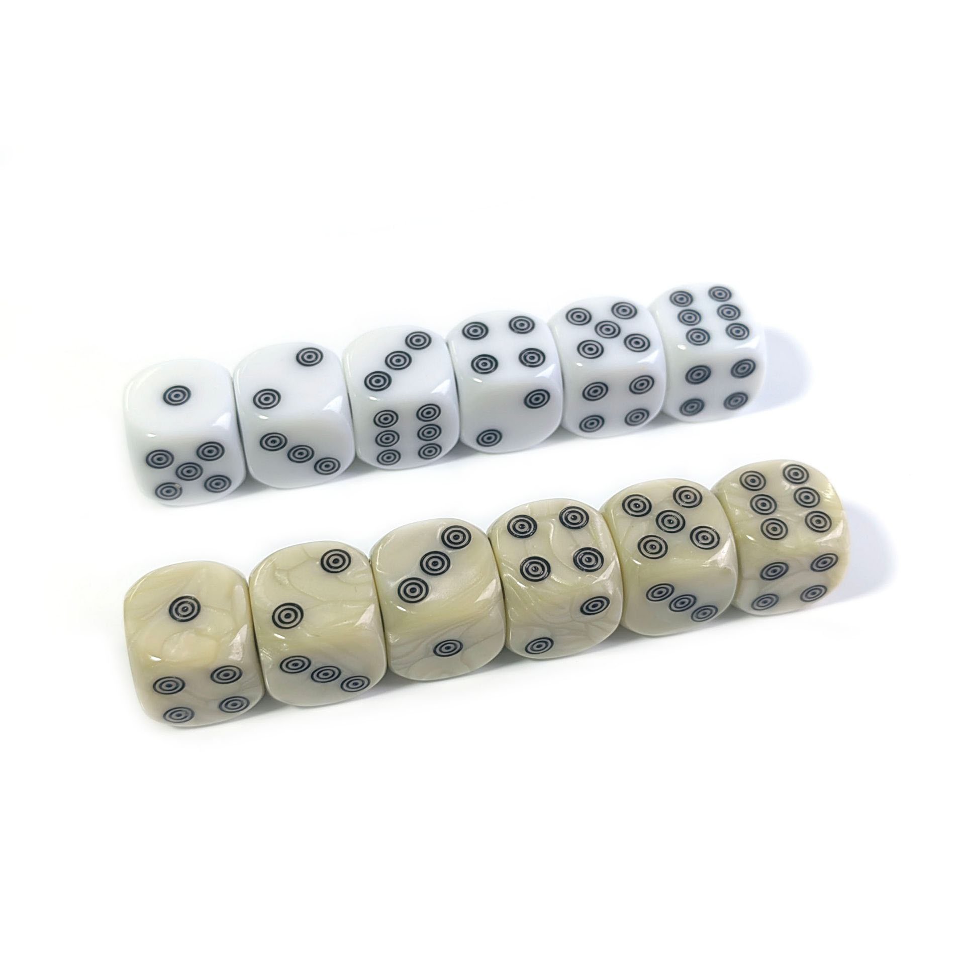 New Style acrylic rounded corners Ivory White custom 16mm D6 bone dice Board Game with black ring circle loop dots