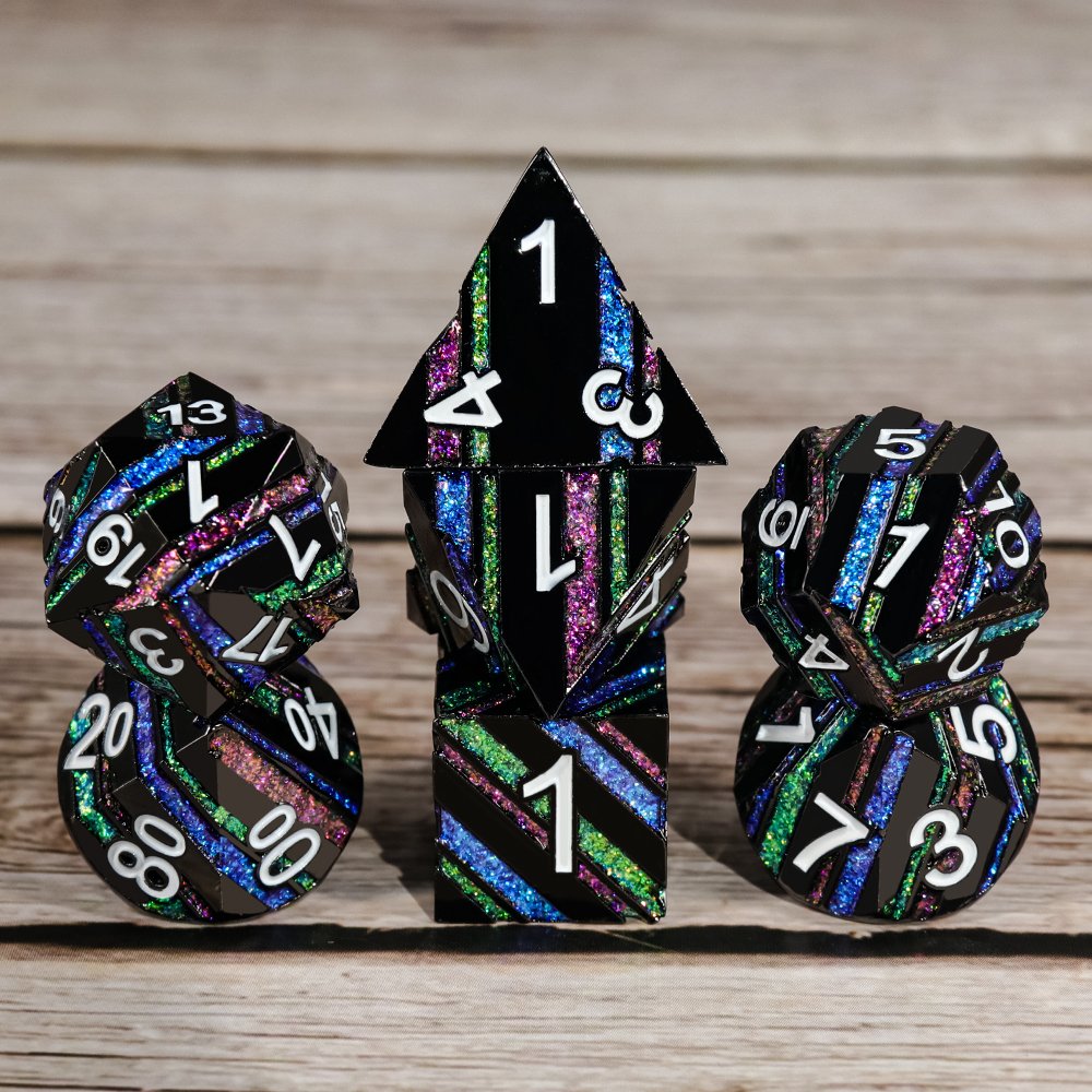New design 7pcs board game use multi sides stripe pattern fluorescent color metal Dice For Funny Games