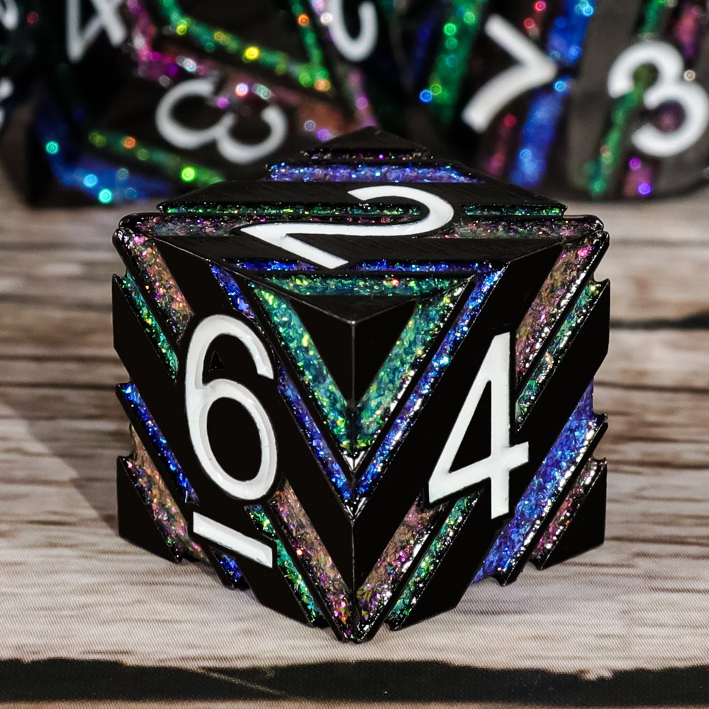 New design 7pcs board game use multi sides stripe pattern fluorescent color metal Dice For Funny Games