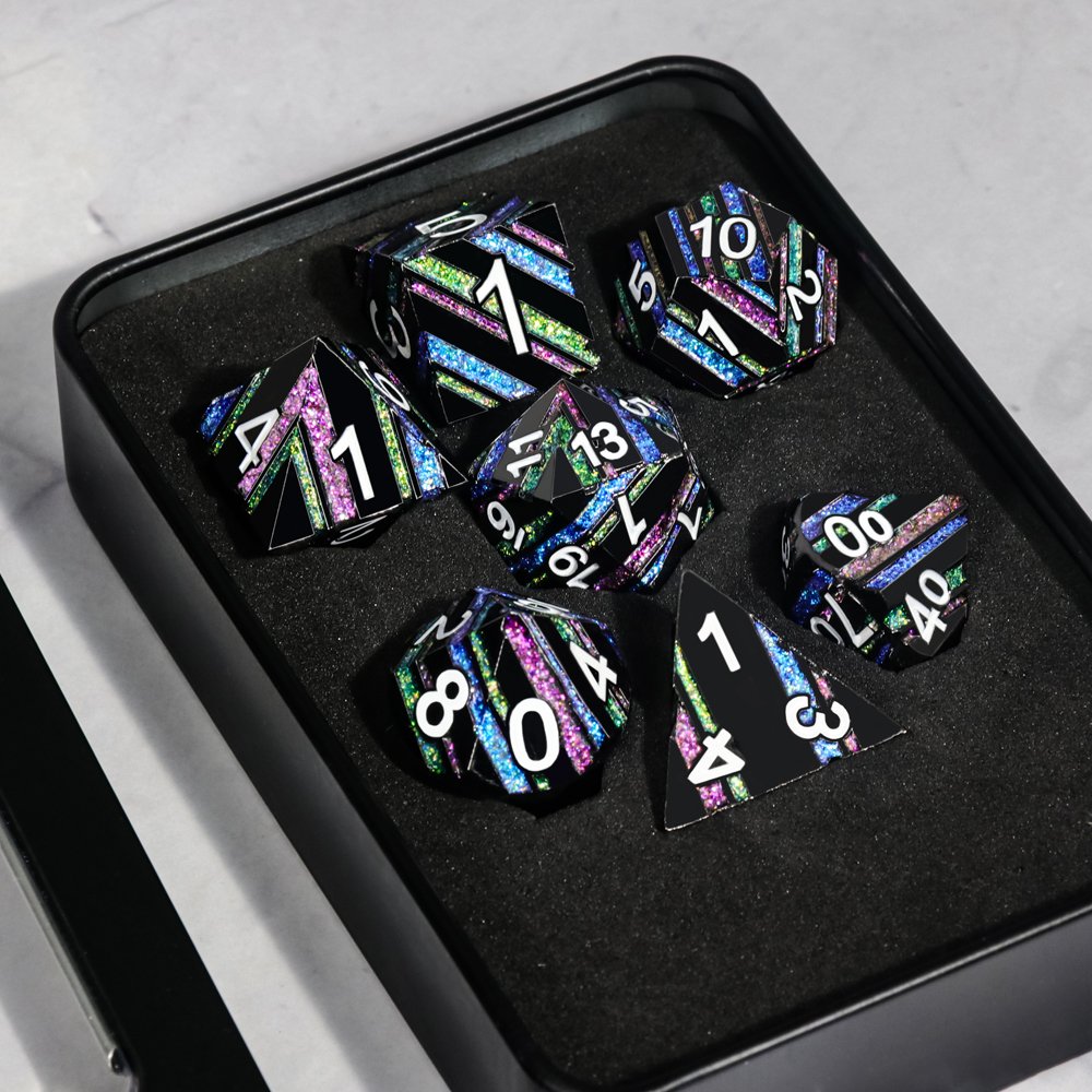 New design 7pcs board game use multi sides stripe pattern fluorescent color metal Dice For Funny Games