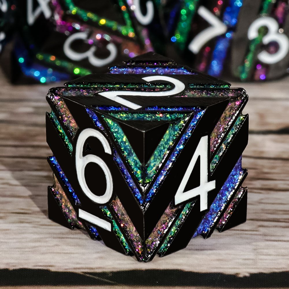 New design 7pcs board game use multi sides stripe pattern fluorescent color metal Dice For Funny Games