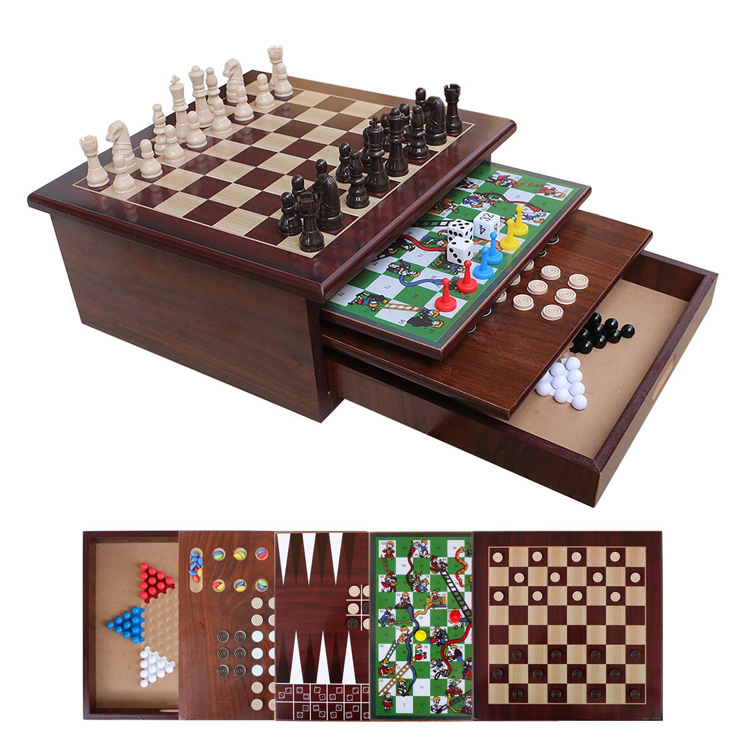 Multi-function Wooden 15 in 1 or 10 in 1 games set chess backgammon ludo checker sanke ladder mancala