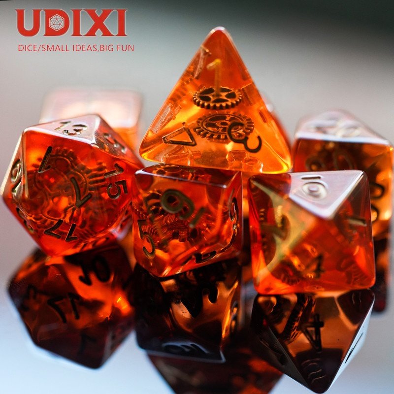 Udixi Resin 7pcs RPG Game custom logo Dungeons and Dragons Dice Set with Gear